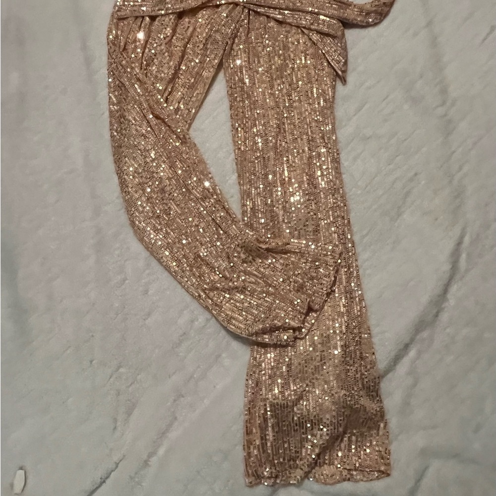 Ladies lined Jumpsuit Bronze color flare legs w/ tie sash - Picture 11 of 15